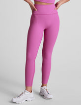 pink midi length ribbed leggings with a 4" waistband.